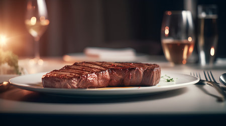 Grilled beef steak on a white plate with a glass of wine on the backgroundの素材