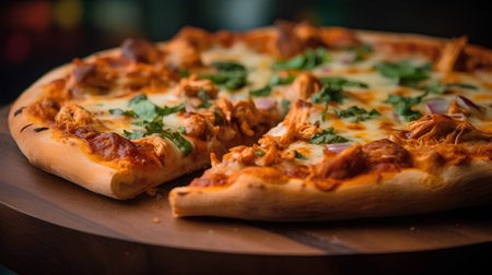 Pizza with chicken and cheese on a wooden plate. Restaurant.の素材