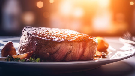 Grilled beef steak on a white plate. Toned image.の素材