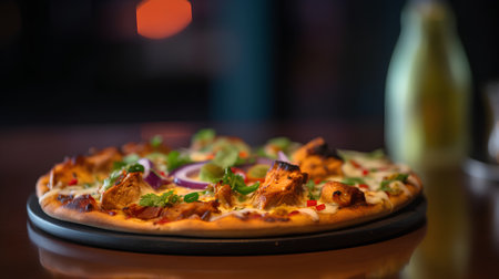 Pizza with chicken and vegetables on a wooden table. Restaurant.の素材
