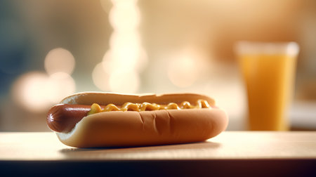 Hot dog with mustard and a glass of orange juice on the tableの素材