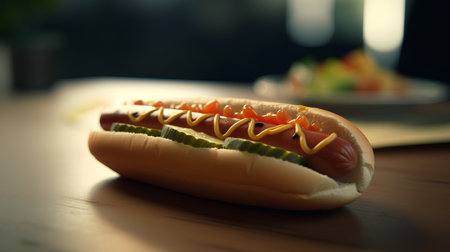 Hot dog on the table in the restaurant. Selective focus.の素材