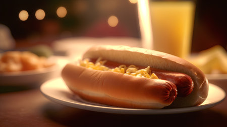 Hot dog with mustard, ketchup and mayonnaise, close upの素材