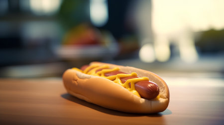 Hot dog with mustard on a wooden table. Selective focus.の素材