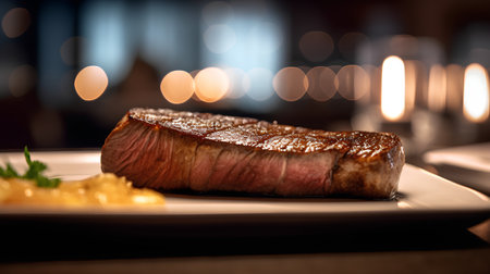 Grilled steak with mustard sauce on a white plate. Restaurant backgroundの素材