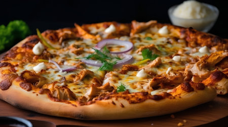 Pizza with cheese, mushrooms and onion on a dark background.の素材