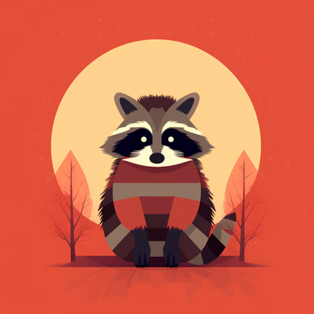 Cute raccoon on the background of the sun. Vector illustration.の素材