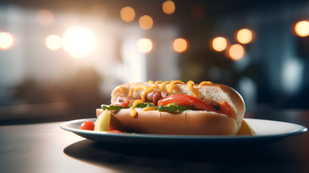 Hot dog with mustard, ketchup and mayonnaise on the table.の素材