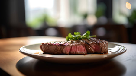 Grilled steak on a plate in a restaurant. Selective focus.の素材