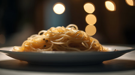 spaghetti on a plate with bokeh lights on background.の素材
