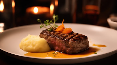 Grilled steak with mashed potatoes on a white plate in a restaurantの素材