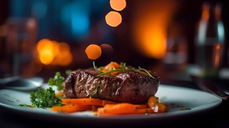 Steak with vegetables on a white plate in the background of the fireplaceの素材