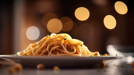 Spaghetti pasta on a white plate with bokeh background.の素材