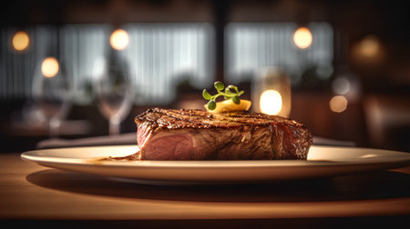 Grilled steak on a white plate in a restaurant. Selective focus.の素材