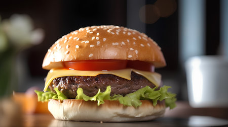 Cheese burger - American cheese burger with fresh salad and tomato on black backgroundの素材