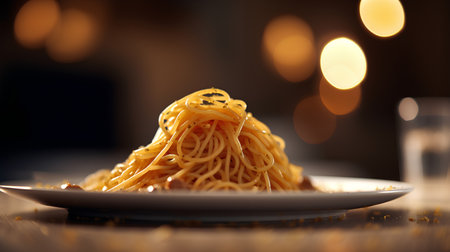 Spaghetti on a plate on a wooden table in a restaurant.の素材