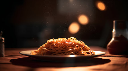 Spaghetti with tomato sauce in a plate on a dark background.の素材