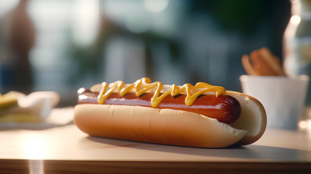 Hot dog with mustard on a wooden board in a cafe. Selective focus.の素材