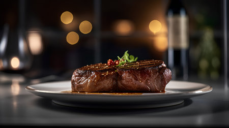 Grilled beef steak on a white plate on a dark background.の素材