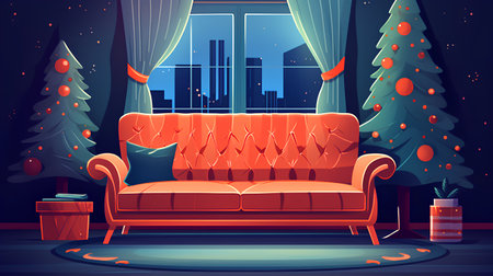 Living room interior with sofa and christmas tree. Vector illustration.の素材