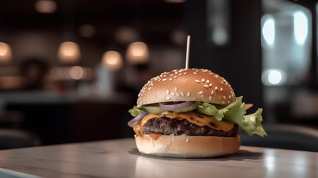Hamburger on a table in a cafe, shallow depth of fieldの素材