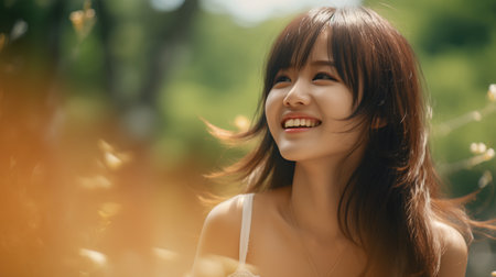 Beautiful asian woman smile and happy in the park with sunlightの素材