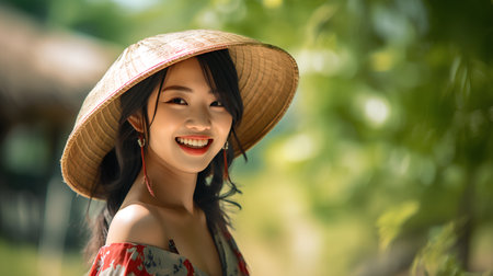 Portrait of a beautiful young asian woman with hat smiling in the parkの素材