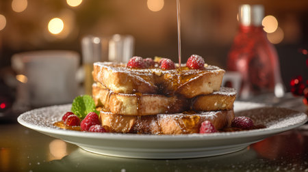 French toast with honey and raspberries on a wooden table.の素材