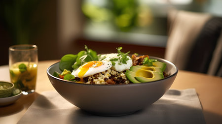 Bowl of rice with egg, avocado and arugula on tableの素材