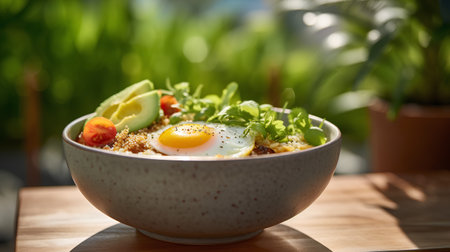Healthy breakfast bowl with quinoa, egg and vegetables on wooden tableの素材