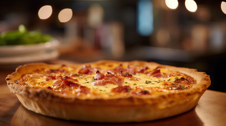 Pizza with bacon and cheese on a wooden table in a restaurantの素材
