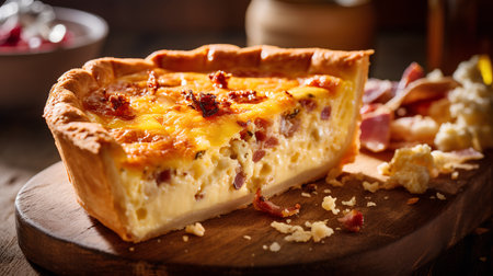 Cheese tart with bacon and cheese on a wooden board. Toned.の素材