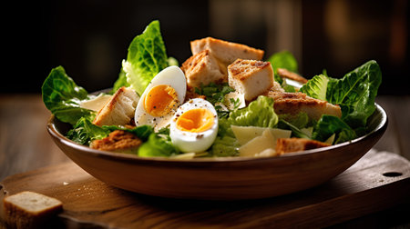 Caesar salad with boiled egg and croutons on wooden backgroundの素材