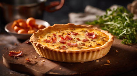 Tartlet with ham and cheese on a dark background. Selective focus.の素材