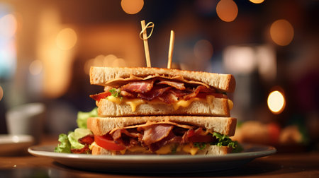 Sandwich with bacon, cheese and vegetables on a wooden table.の素材