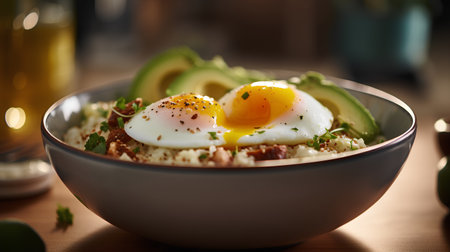 Bowl of rice with avocado and fried egg on a wooden tableの素材