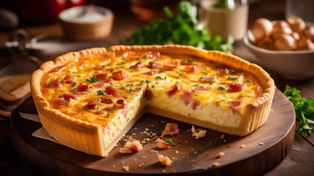 homemade quiche with bacon and cheese on a wooden board, selective focusの素材