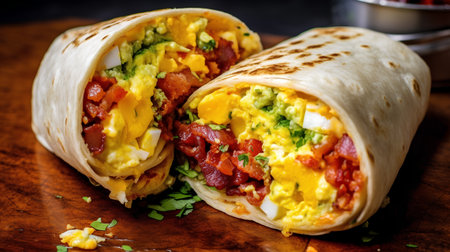 Mexican burritos with scrambled eggs, bacon and guacamoleの素材