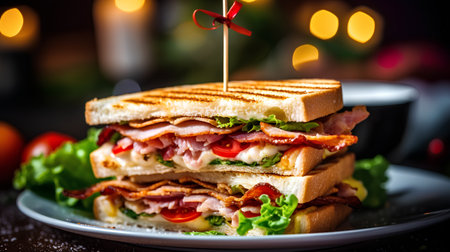 sandwich with bacon and vegetables on a dark background. tinting. selective focusの素材