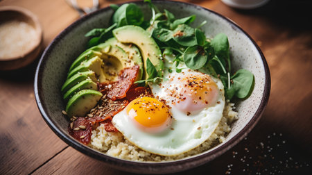 Healthy breakfast bowl with quinoa, avocado, fried egg and crispy baconの素材
