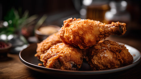Fried chicken on a plate on a wooden background. Selective focus.の素材