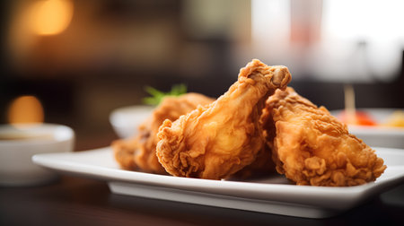 Crispy fried chicken wings on a white plate. Selective focus.の素材
