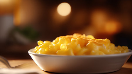 Macaroni and cheese in a bowl on a wooden table.の素材