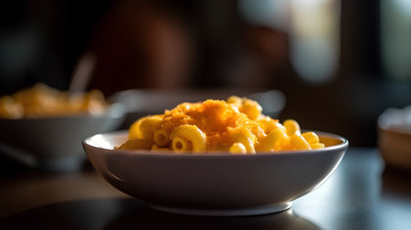 Close up of macaroni and cheese in a bowl on the tableの素材