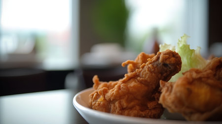 Fried chicken in a white plate, shallow depth of field.の素材