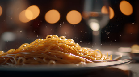Spaghetti with fork on a dark background. Close-up.の素材