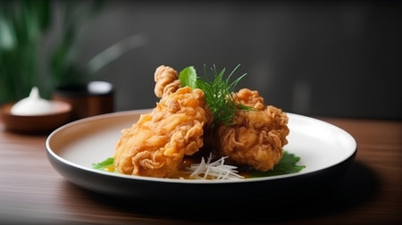 Fried chicken on a plate with chopsticks on a wooden tableの素材