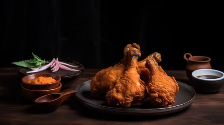Fried chicken with sauce and chopsticks on a wooden table.の素材