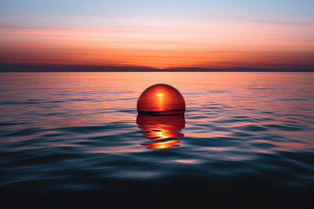 Sunset in the sea with a golden ball in the water.の素材