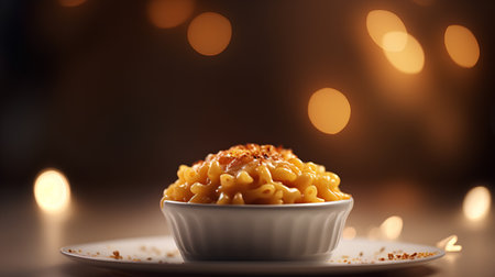 Bowl of macaroni and cheese on a dark background.の素材